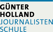 Logo der Günter Holland Journalistenschule mit schwarzer und blauer Schrift auf hellem Hintergrund.
