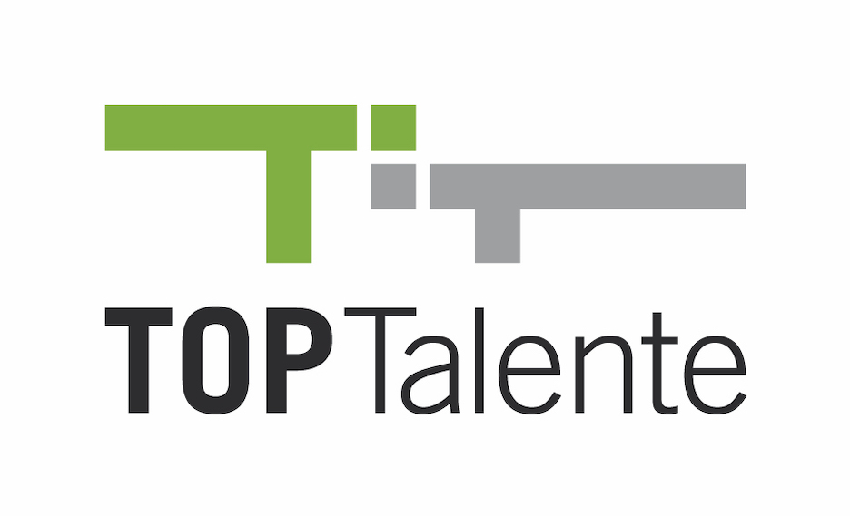 Logo von TOP Talente mit stilisierten grünen und grauen Buchstaben ‚T‘ über dem Schriftzug ‚TOP Talente‘ in Schwarz.