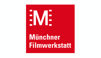 Logo der Münchner Filmwerkstatt mit rotem Quadrat, weißem M-Buchstaben mit Filmstreifen und weißer Schrift.
