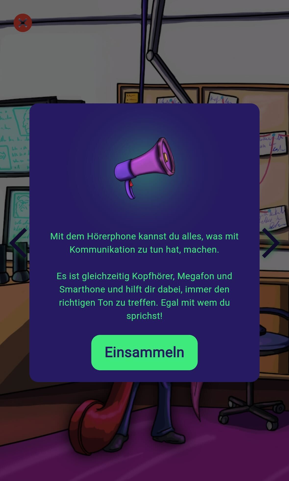 Lila Megafon als Item. Erklärung: Das „Hörerphone“ hilft bei Kommunikation und kombiniert Kopfhörer, Megafon und Smartphone. Button: „Einsammeln“.