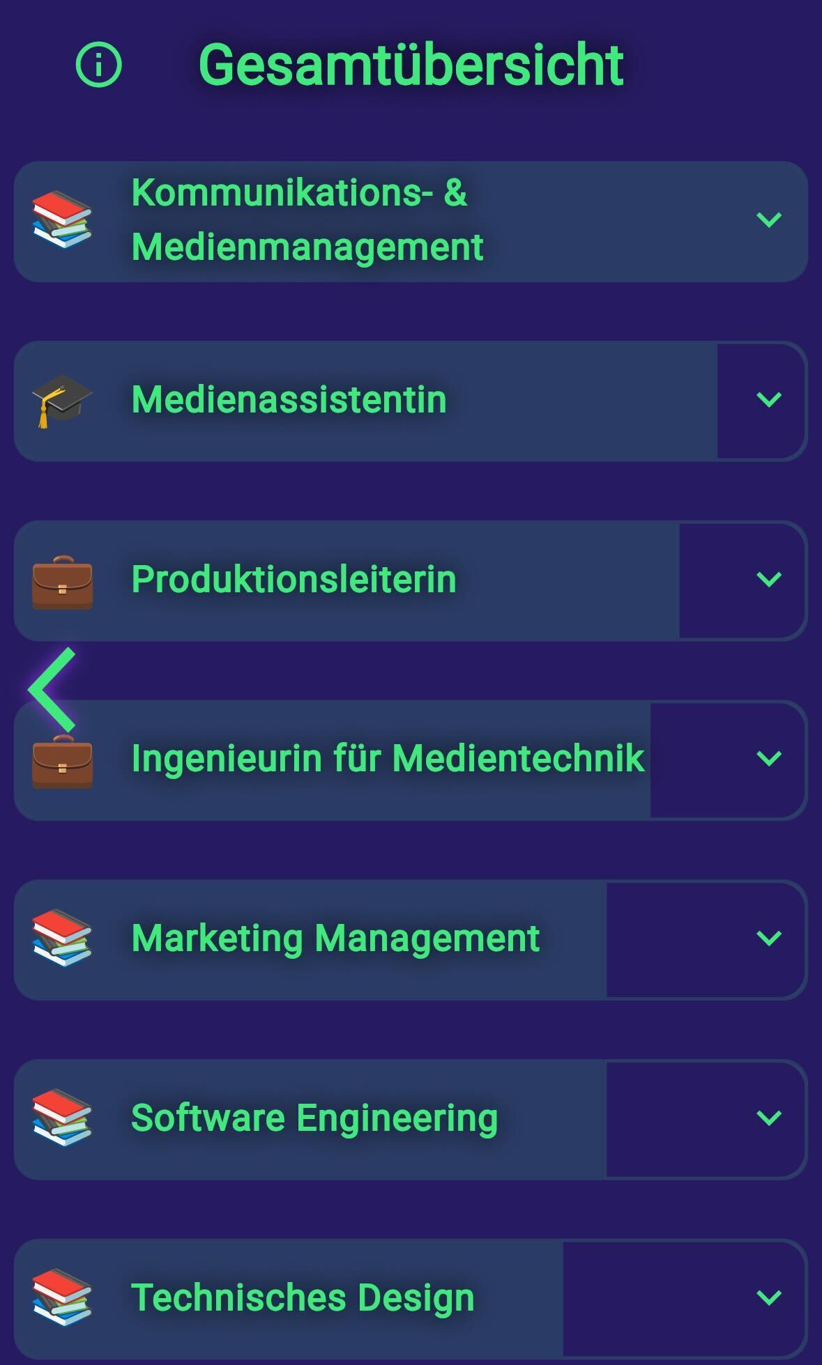 Gesamtübersicht der Ergebnisse mit Berufen und Studiengängen. Angezeigt werden u. a. „Kommunikations- & Medienmanagement“, „Medienassistentin“, „Produktionsleiterin“, „Ingenieurin für Medientechnik“, „Marketing Management“, „Software Engineering“ und „Technisches Design“.