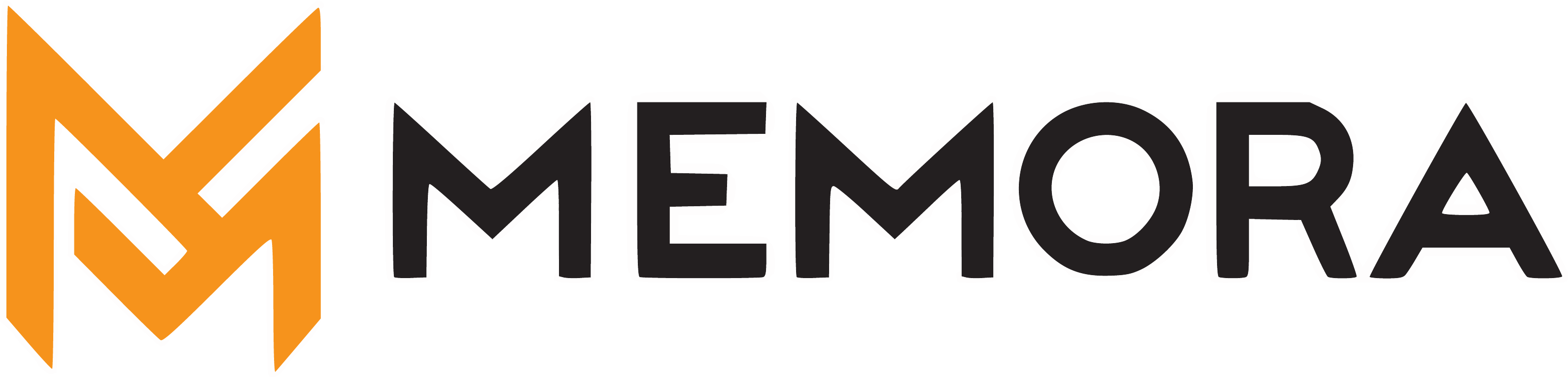 Logo von Memora, stilisiertes M in Orange und schwarzer Schriftzug.