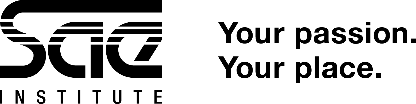 Logo des SAE Institute – internationale Hochschule für Medienberufe, mit Claim „Your passion. Your place.“ (schwarz, RGB)