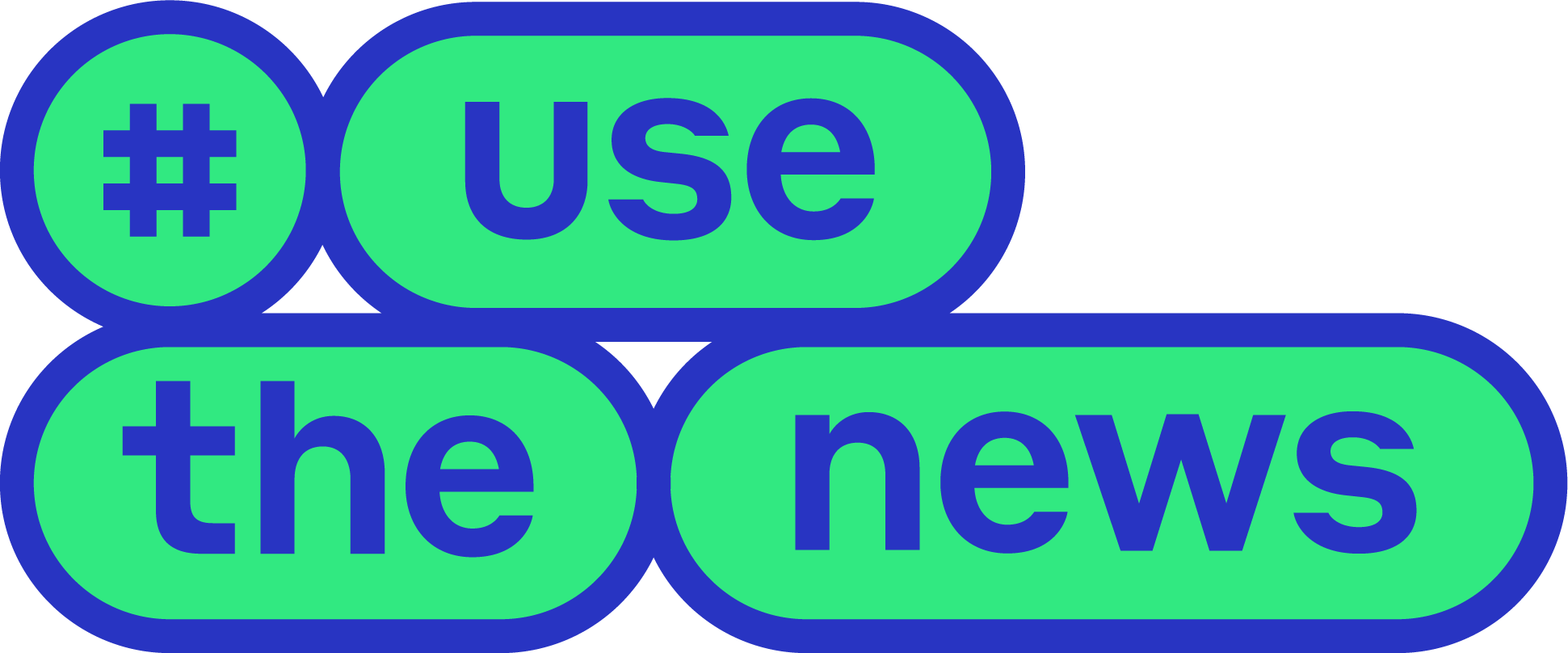 Logo mit blauem Hashtag-Symbol und den Wörtern „use the news“ in blauer Schrift auf grünen, abgerundeten Flächen.
