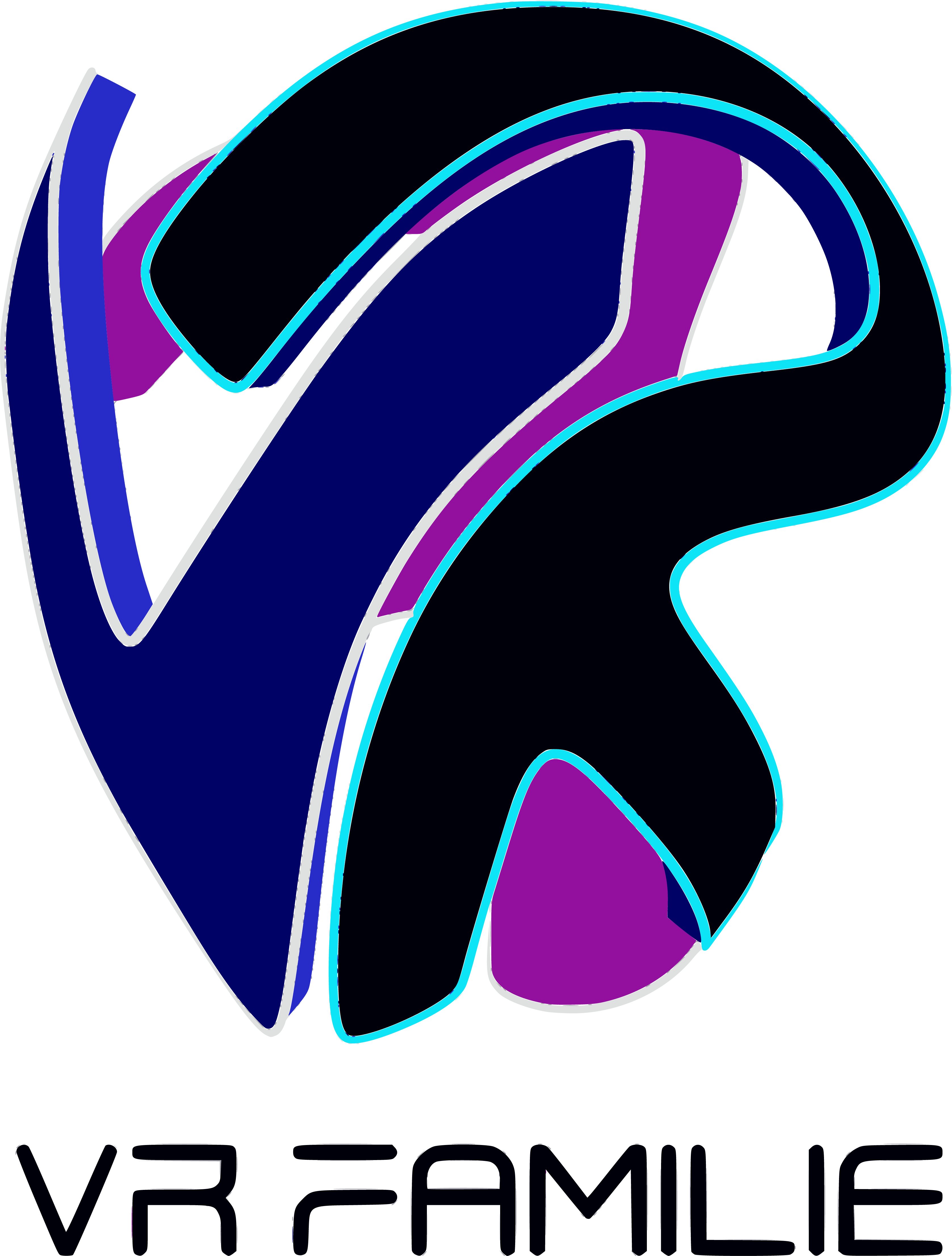 Modernes Logo in dunkelblau, lila und cyan mit geschwungenen 3D-Formen, die ein stilisiertes „VR“ bilden, darunter der Schriftzug „VR Familie“.