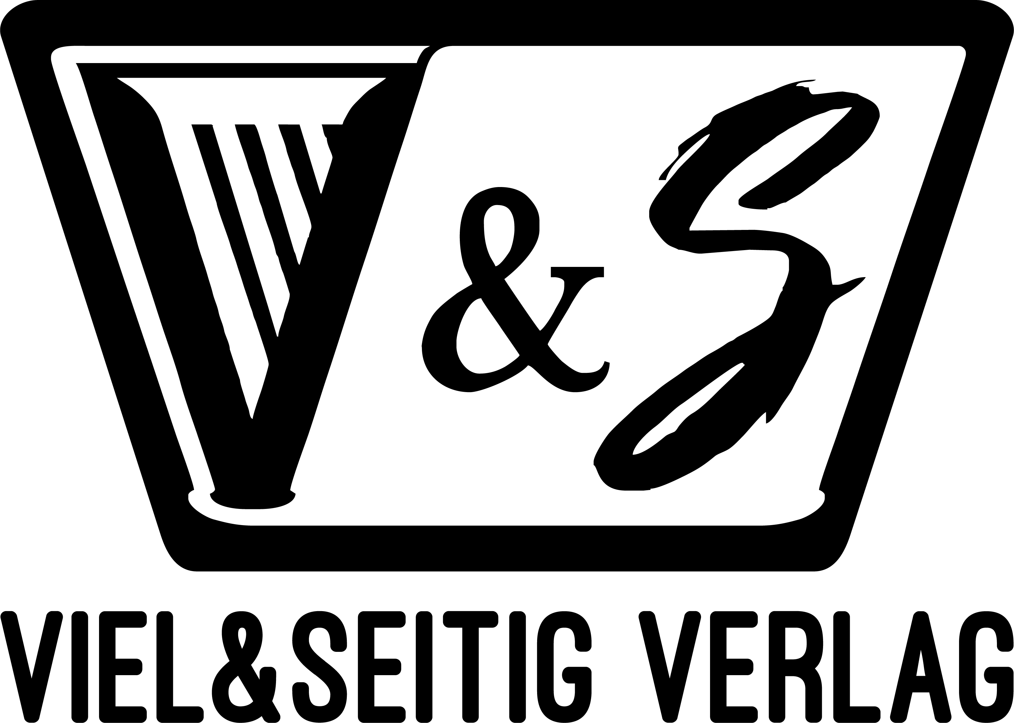 Schwarz-weißes Logo mit den Buchstaben „V & S“ in einem stilisierten, trapezförmigen Rahmen, darunter der Schriftzug „Viel & Seitig Verlag“.
