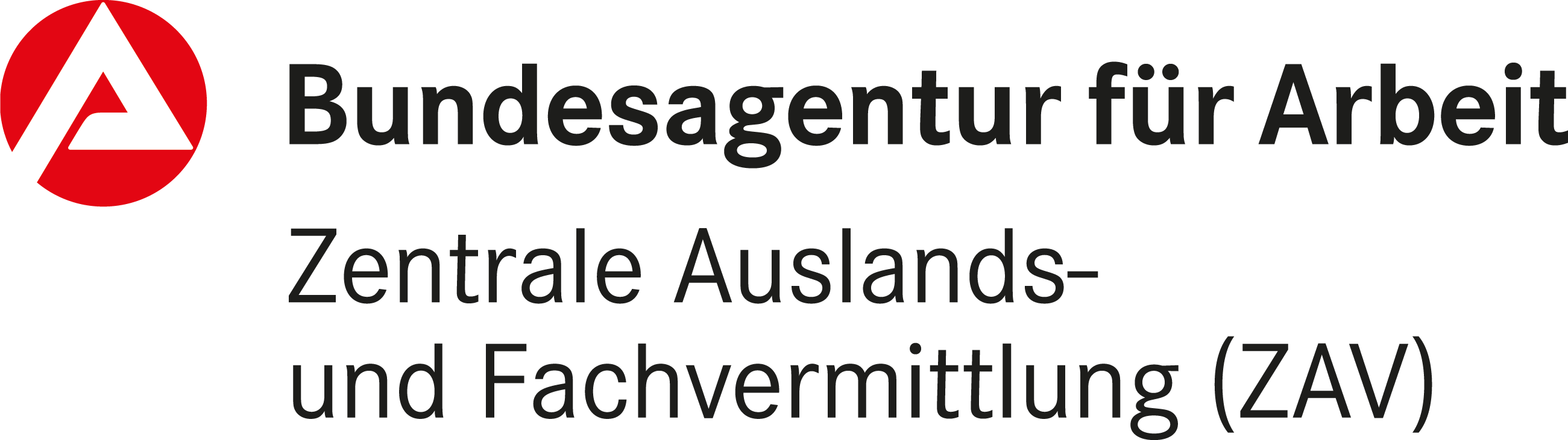 Logo der Bundesagentur für Arbeit: Roter Kreis mit weißem Dreieckspfeil, daneben schwarzer Schriftzug „Bundesagentur für Arbeit – Zentrale Auslands- und Fachvermittlung (ZAV)“.