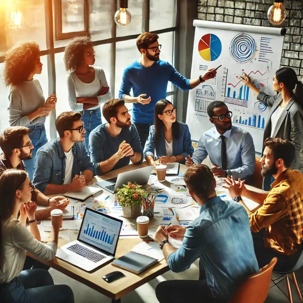 Ein Team sitzt um einen Tisch voller Notebooks und Unterlagen, während zwei Personen vor einem Flipchart mit Diagrammen präsentieren.