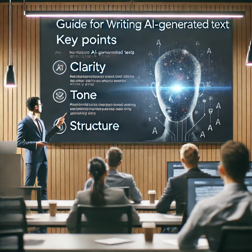 Ein Mann im Anzug präsentiert in einem Seminarraum vor einer Leinwand mit der Aufschrift „Guide for Writing AI-generated text“ und den Punkten Klarheit, Ton und Struktur.