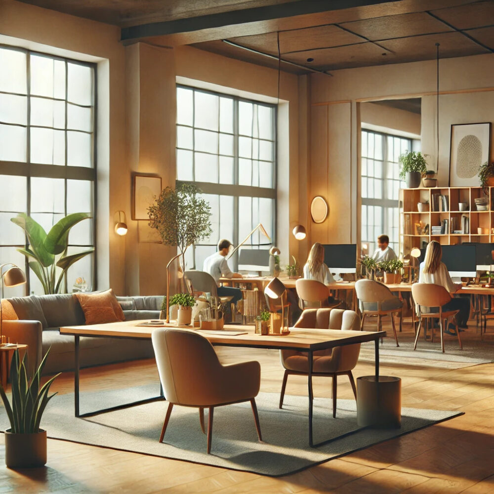 Modernes, helles Großraumbüro mit hohen Fenstern, stilvoller Einrichtung und vielen Pflanzen. Menschen arbeiten konzentriert an Schreibtischen mit Computern, während gemütliche Sitzbereiche mit Sofas und Sesseln eine entspannte Atmosphäre schaffen.