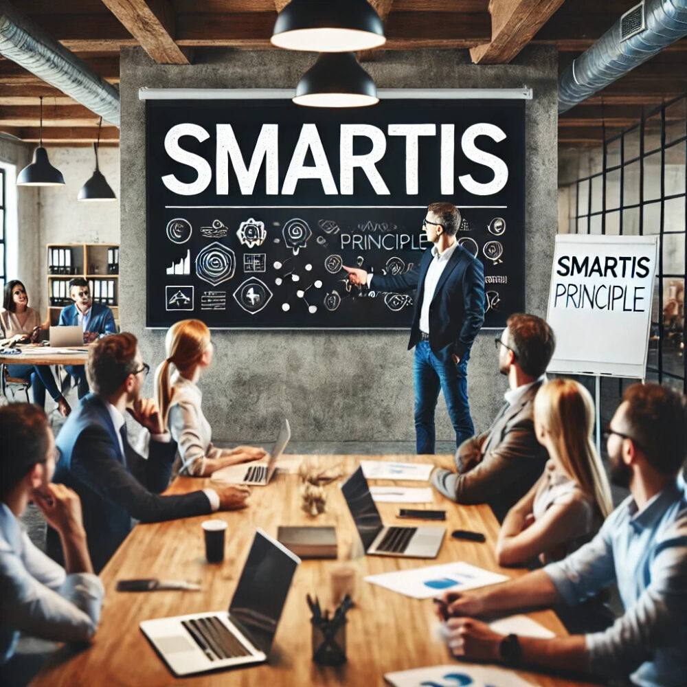 Ein Vortragender erklärt einer Gruppe in einem modernen Meetingraum das „SMARTIS Prinzip“, auf einer großen Tafel mit Diagrammen und Symbolen.