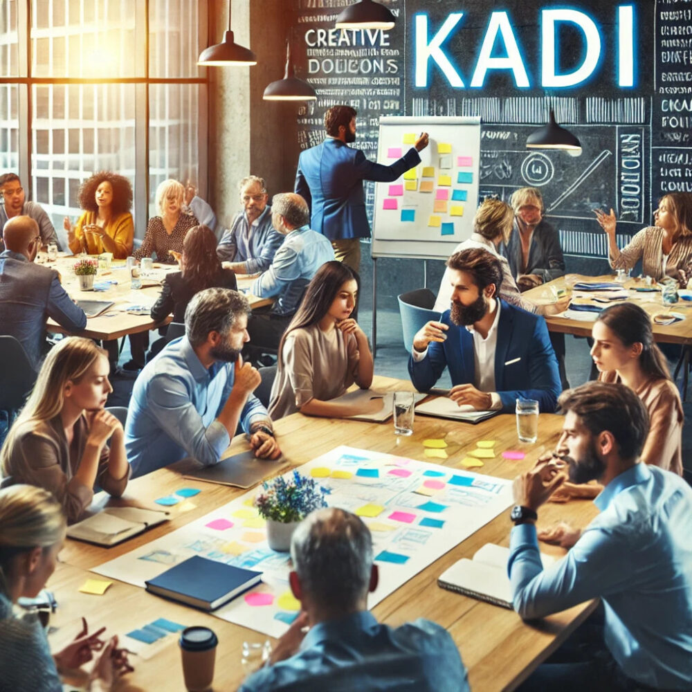 Viele Menschen arbeiten in Gruppen an langen Tischen, voller bunter Post-its und Unterlagen, während vorne eine Person an einem Flipchart präsentiert. An der Wand steht „KADI“.