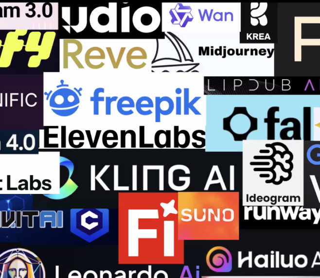 Man sieht eine Logowand verschiedenster KI Tools, darunter Kling AI, Comfy, Google VEO 3 und Gemini