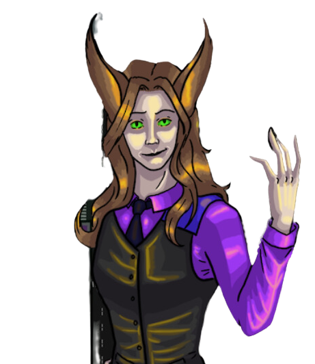 Illustration einer Figur mit langen Haaren und Hörnern, die ein violettes Hemd und eine Weste trägt und eine Hand erhoben hat.