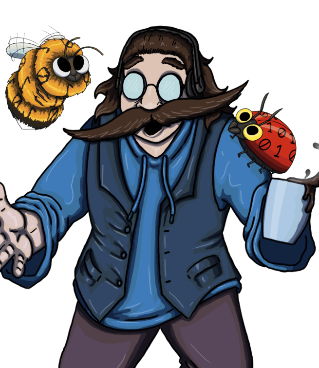 Illustration einer Figur mit großem Schnurrbart, Brille und Kopfhörern, begleitet von einer Biene und einem Marienkäfer, der eine Tasse hält.