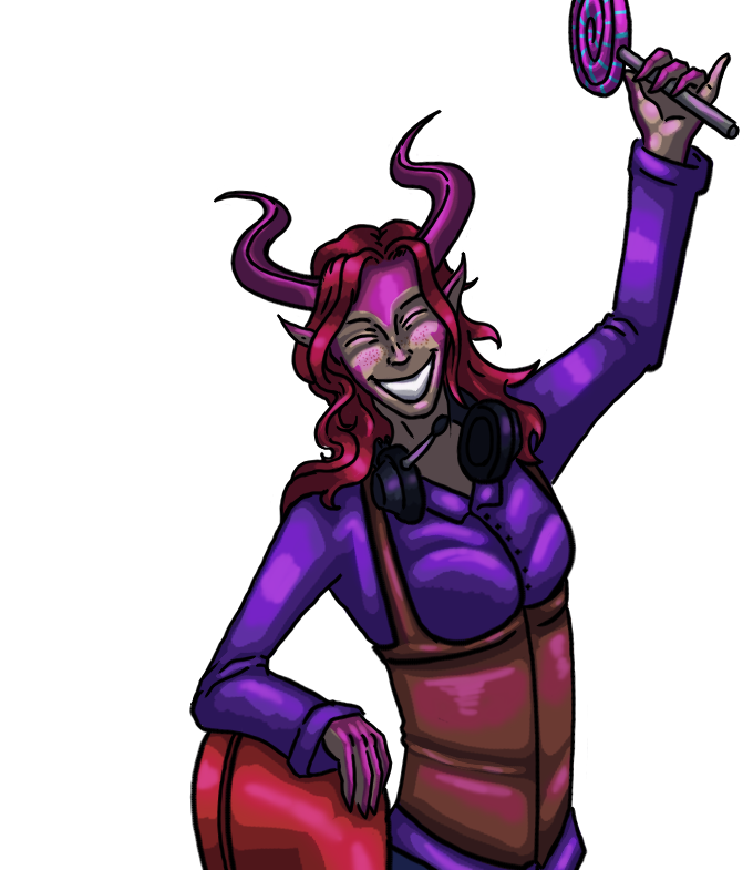Illustration einer humanoiden Figur mit Hörnern, violettem Oberteil und einem Lutscher in der Hand, die fröhlich lacht.