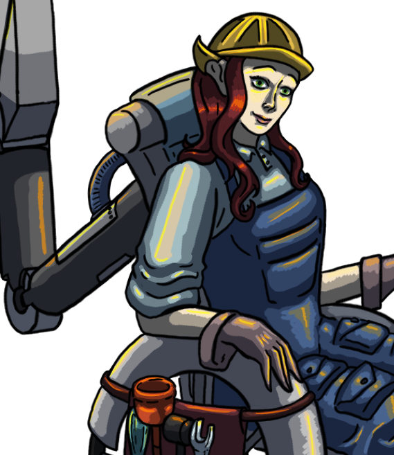 Illustration einer Frau mit langen Haaren, die eine Bauarbeiterin mit Werkzeuggürtel darstellt und in einem mechanischen Rollstuhl sitzt.