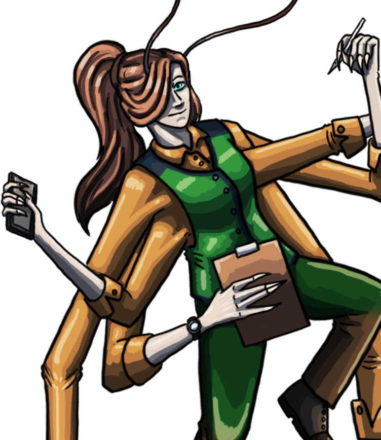 Illustration einer humanoiden Figur mit sechs Armen, die in einem grünen Anzug und orangefarbenem Hemd mehrere Aufgaben gleichzeitig erledigt.