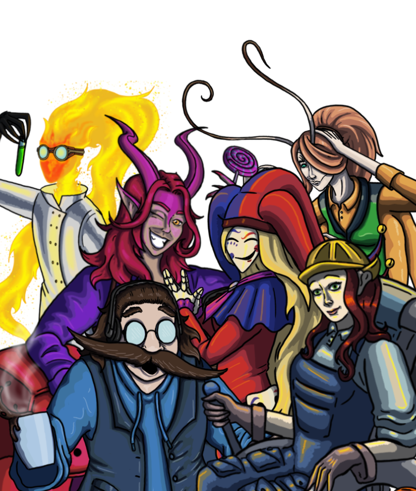 Es ist eine Gruppe bunter, gezeichneter Cartoon-Charaktere zu sehen. Links ein:e Wissenschaftler:in mit flammendem Kopf und Haar, die in ein Reagenzglas schaut. Rechts daneben eine lachende Person mit violetten Hörnern, rotem Haar und spitzen Ohren. Darunter ein Mann im Anzug mit einem großen Schnauzbart und einer dicken Brille, der eine heiß dampfende Tasse Kaffee hält. Rechts neben der gehörnten Person ist ein Hofnarr in roten und blauen Farben zu sehen, dessen maskenartiges Gesicht eine grinsende Grimasse schneidet. Rechts über dem Hofnarr ist eine Person mit insektenartigen Antennen und braunem Haar zu sehen, die einen braun-grünen Anzug trägt. Und darunter eine Person im rollstuhl mit spitzen Ohren und rotem Haar. Sie trägt einen Bauhelm und einen Arbeitsoveral mit Handschuhen.