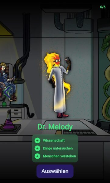 Illustration einer Figur mit Flammenkopf und weißem Labormantel, die ein Reagenzglas hält. Text: „Dr. Melody“. Darunter Auswahlmöglichkeiten: „Wissenschaft“, „Dinge untersuchen“, „Menschen verstehen“. Button: „Auswählen“