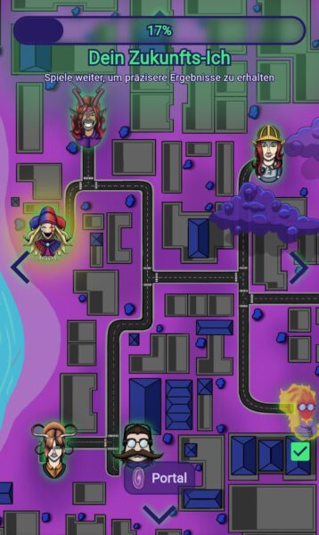 Karte in Lila-Tönen mit Straßen und Figurenicons. Oben steht: „Dein Zukunfts-Ich – 17%“. Spieler wird aufgefordert, weiterzuspielen, um genauere Ergebnisse zu erhalten.