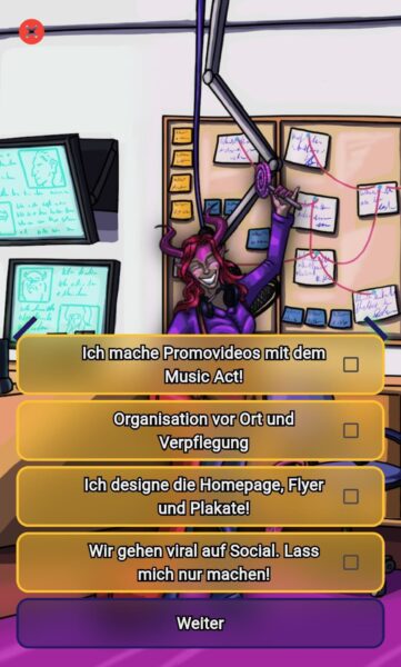Figur mit rosa Hörnern, Kopfhörer und Lolli in der Hand steht vor Pinnwand und Bildschirmen. Spieler kann Aufgaben auswählen: z. B. „Promovideos machen“, „Organisation“, „Homepage designen“, „Social Media“.