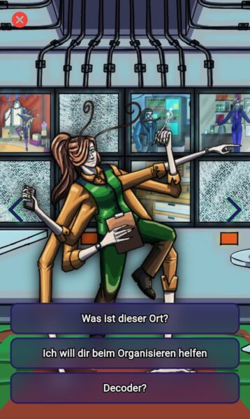 Figur mit mehreren Armen und Fühlern steht in einem Überwachungsraum mit Monitoren. Dialogoptionen: „Was ist dieser Ort?“, „Ich will dir beim Organisieren helfen“, „Decoder?“.