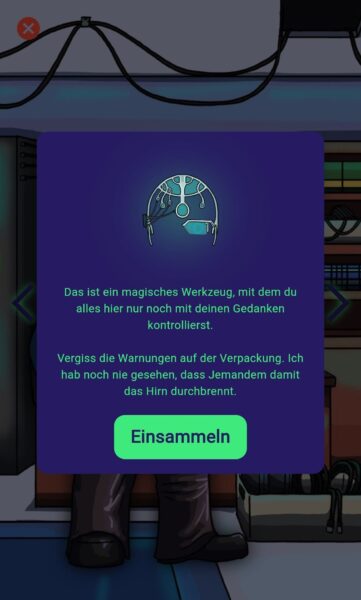 Bildschirm mit einem magischen Werkzeug in Form eines Headsets, das Gedankensteuerung symbolisiert. Erklärungstext beschreibt, dass man mit diesem Werkzeug alles mit Gedanken kontrollieren kann. Grüner Button „Einsammeln“