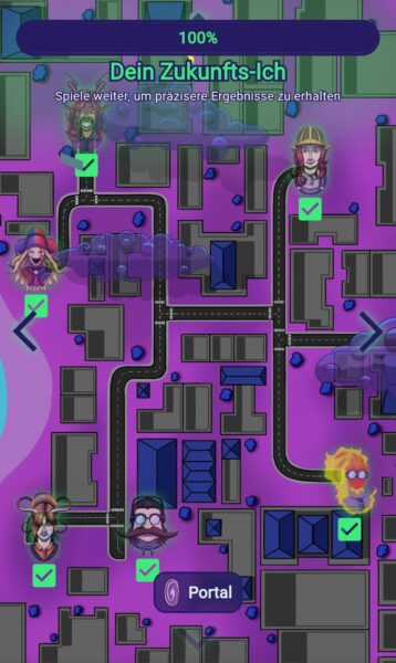 Übersichtskarte mit 100 % Fortschrittsanzeige „Dein Zukunfts-Ich“. Verschiedene Spielfiguren sind mit grünen Häkchen markiert, unten ist das violette „Portal“-Symbol sichtbar.
