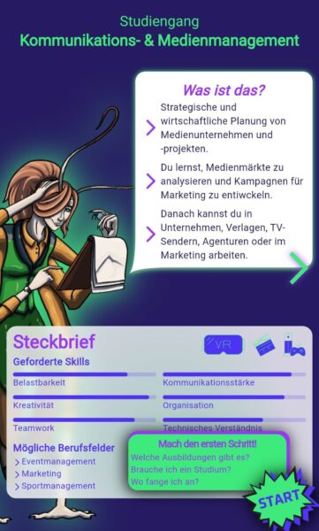 Informationsseite zum Studiengang „Kommunikations- & Medienmanagement“. Text erklärt strategische und wirtschaftliche Planung von Medienprojekten und mögliche Berufsfelder. Steckbrief zeigt geforderte Skills wie Kreativität, Organisation und Teamwork.