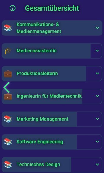 Gesamtübersicht der Ergebnisse mit Berufen und Studiengängen. Angezeigt werden u. a. „Kommunikations- & Medienmanagement“, „Medienassistentin“, „Produktionsleiterin“, „Ingenieurin für Medientechnik“, „Marketing Management“, „Software Engineering“ und „Technisches Design“.