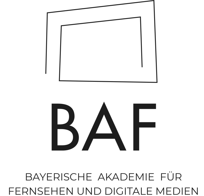 Logo der Bayerischen Akademie für Fernsehen und Digitale Medien (BAF) in Schwarz mit Schriftzug
