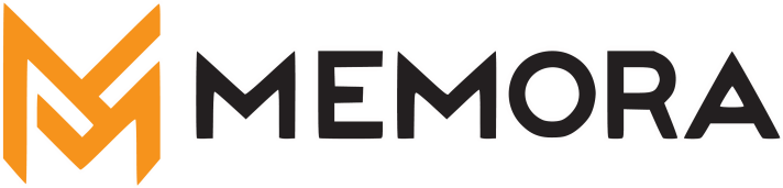 Logo von Memora, stilisiertes M in Orange und schwarzer Schriftzug.