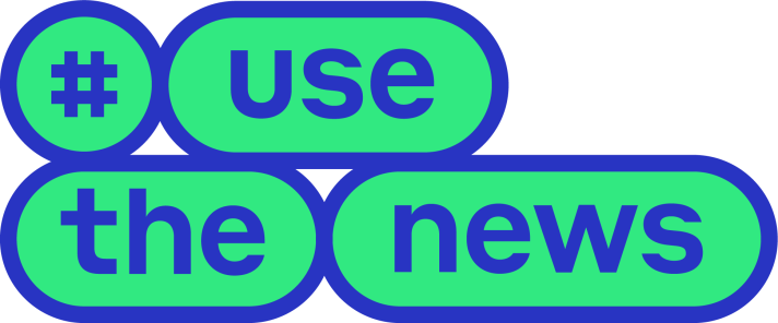 Logo mit blauem Hashtag-Symbol und den Wörtern „use the news“ in blauer Schrift auf grünen, abgerundeten Flächen.