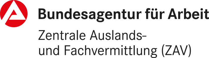 Logo der Bundesagentur für Arbeit: Roter Kreis mit weißem Dreieckspfeil, daneben schwarzer Schriftzug „Bundesagentur für Arbeit – Zentrale Auslands- und Fachvermittlung (ZAV)“.