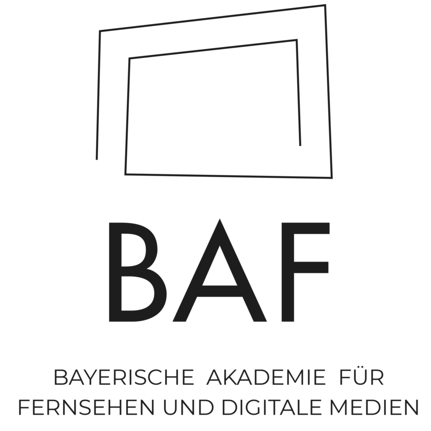 Logo der Bayerischen Akademie für Fernsehen und Digitale Medien (BAF) in Schwarz mit Schriftzug