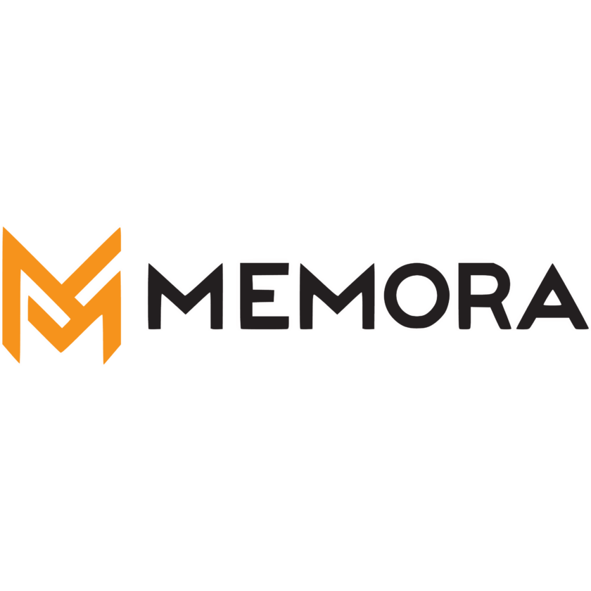 Logo von Memora, stilisiertes M in Orange und schwarzer Schriftzug.