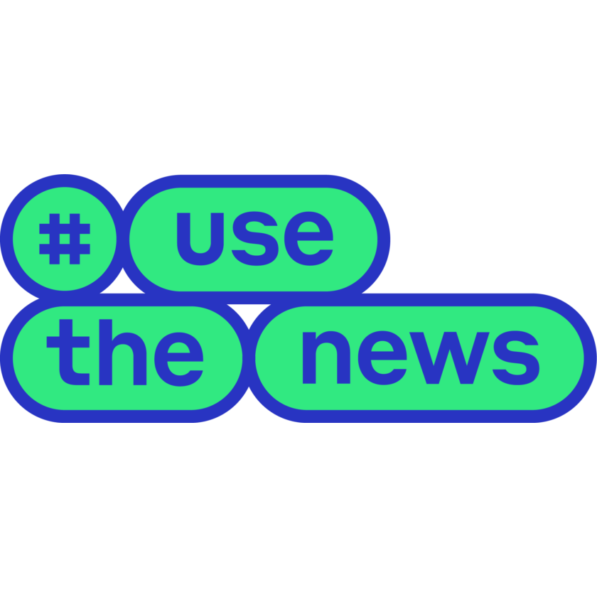 Logo mit blauem Hashtag-Symbol und den Wörtern „use the news“ in blauer Schrift auf grünen, abgerundeten Flächen.