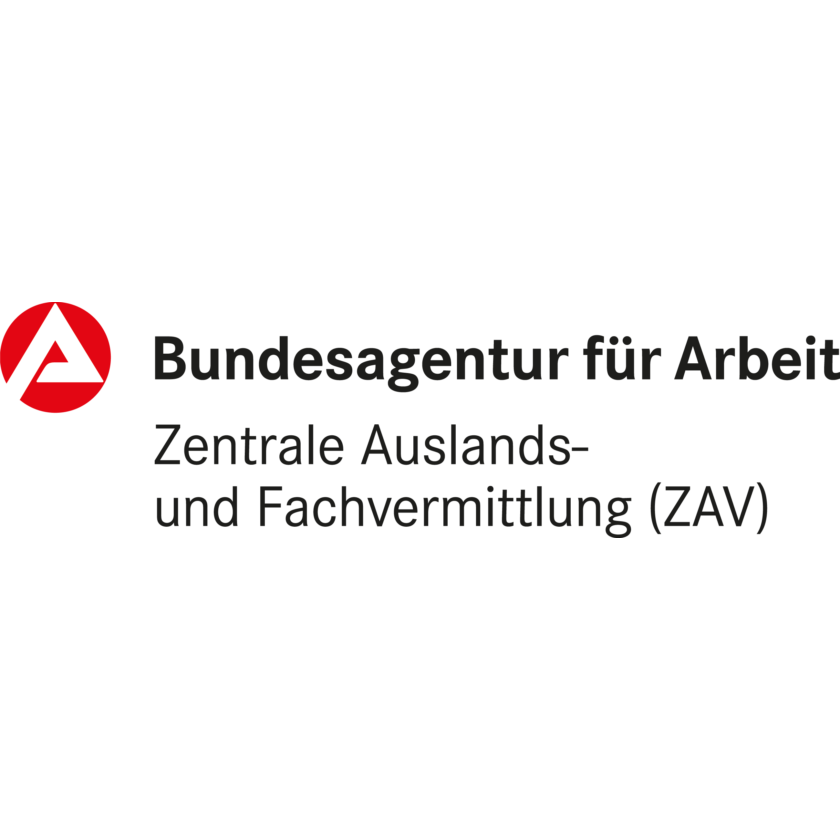Logo der Bundesagentur für Arbeit: Roter Kreis mit weißem Dreieckspfeil, daneben schwarzer Schriftzug „Bundesagentur für Arbeit – Zentrale Auslands- und Fachvermittlung (ZAV)“.