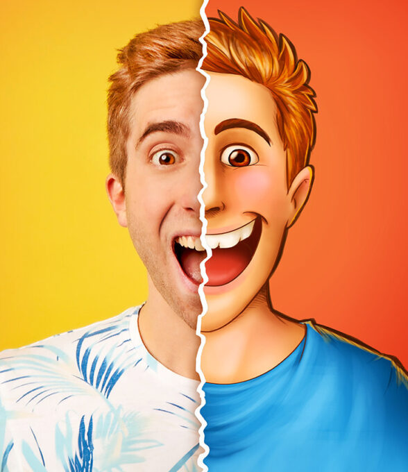 Porträt von Falco Falcrow, einem Künstler und Creator. Links trägt er ein Hemd mit tropischem Muster, rechts ein einfarbiges blaues T-Shirt. Der Hintergrund ist orange und gelb.