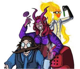 Illustration von drei fantasievollen Comicfiguren: ein Mann mit Brille und Schnurrbart, eine Frau mit Hörnern und ein leuchtender Wissenschaftler.