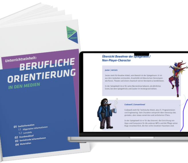 Links ist ein Buch mit dem Titel „Unterrichtseinheit: BERUFLICHE ORIENTIERUNG IN DEN MEDIEN“, gestaltet in Blau- und Lilatönen mit dem Logo „START INTO MEDIA“. Rechts daneben ist ein aufklappbarer Laptop mit einer Webseite oder Präsentation, die Figuren aus einem Spiel zeigt, darunter „Jester / Artistic“ und „Codewell / Conventional“ mit kurzen Beschreibungen. Daneben ist eine stilisierte Grafik einer Hand mit einem Smartphone.